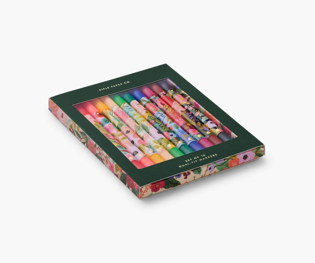 Box of colorful markers with a floral design on a white background
