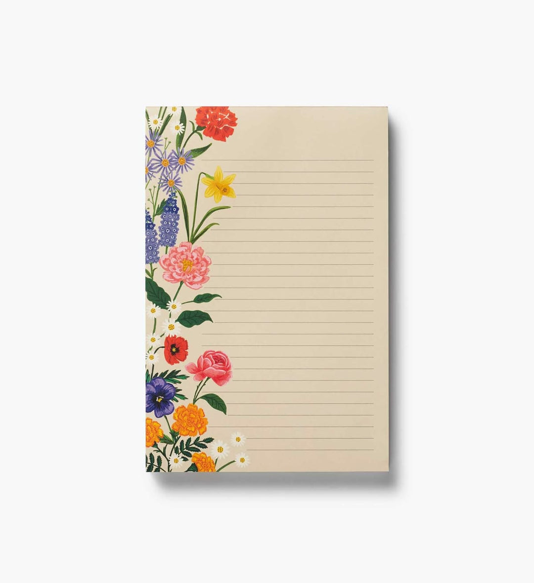 A lined notepad with a cream-colored page and a floral border design on the left side, featuring red, pink, yellow, orange, and purple flowers with green leaves, shown on a light gray background.
