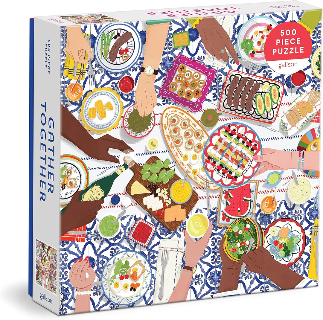 Gallison 'Gather Together' puzzle box with illustrations of hands holding plates of food on a blue and white patterned background.