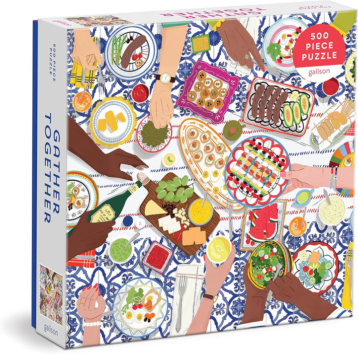 Gallison 'Gather Together' puzzle box with illustrations of hands holding plates of food on a blue and white patterned background.