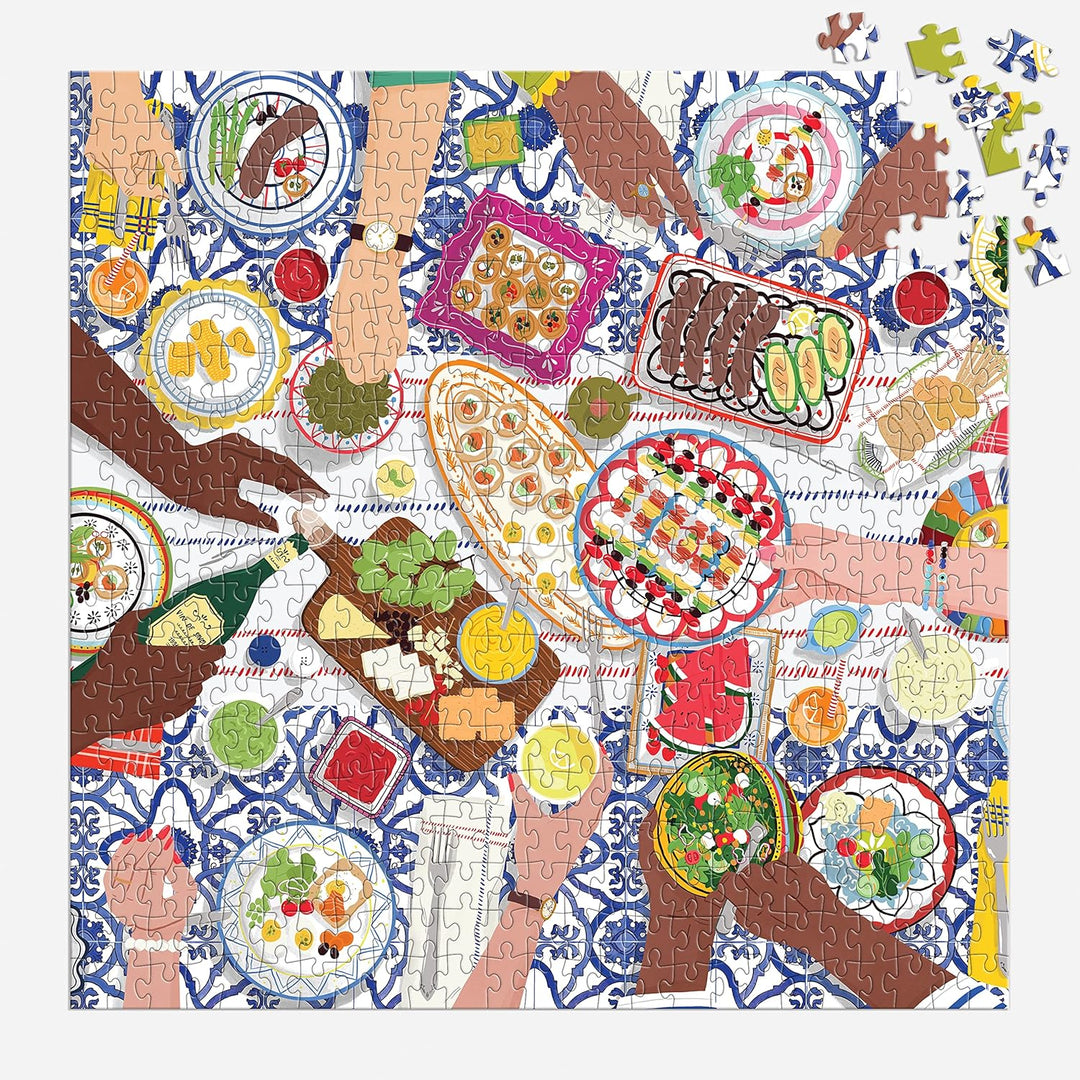 Jigsaw puzzle with colorful food illustrations on a decorative border