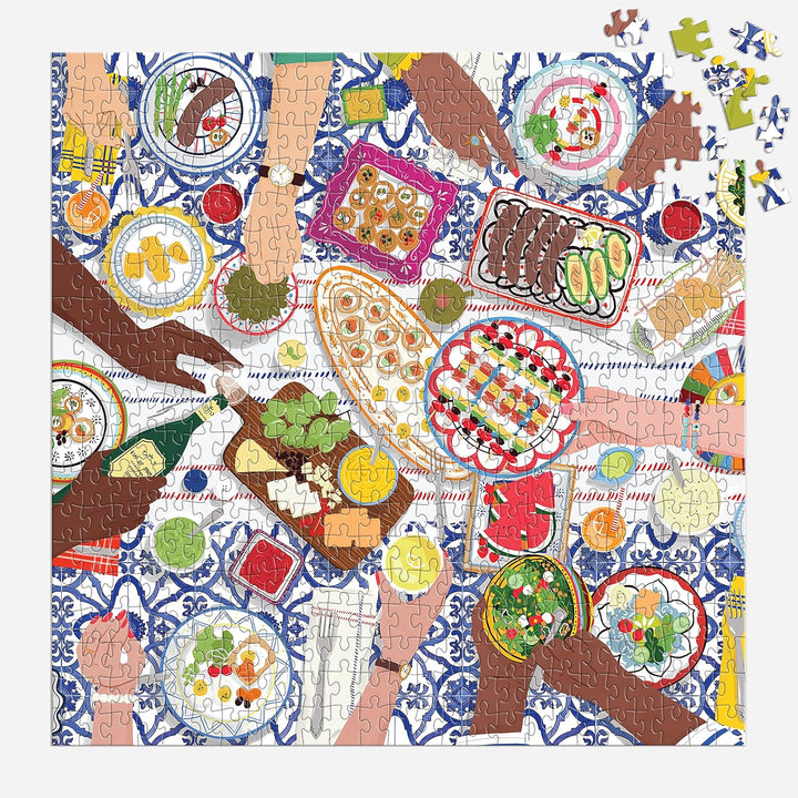 Jigsaw puzzle with colorful food illustrations on a decorative border