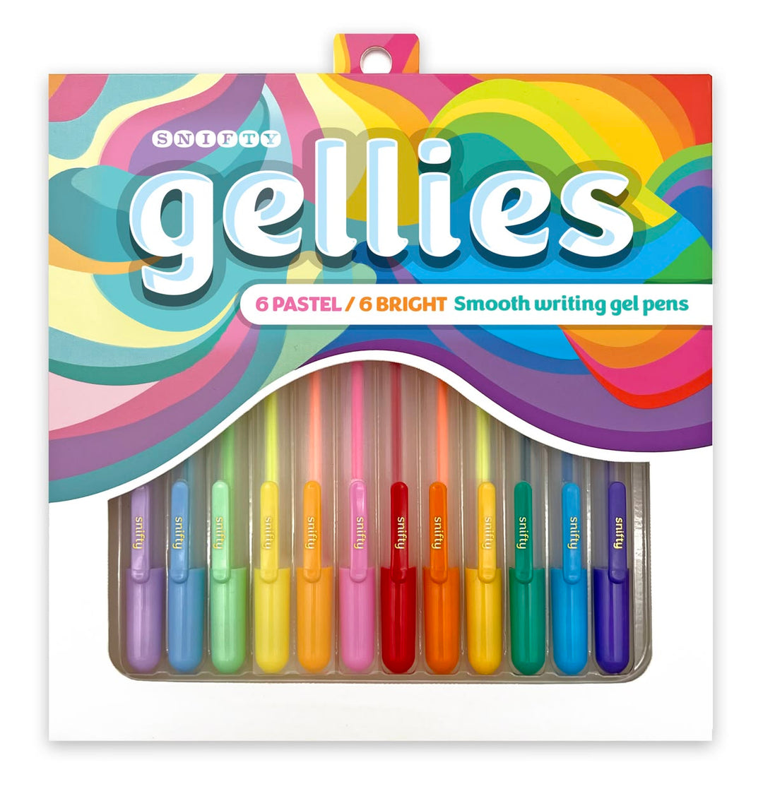 Pack of colorful gel pens with 'gellies' branding on a white background