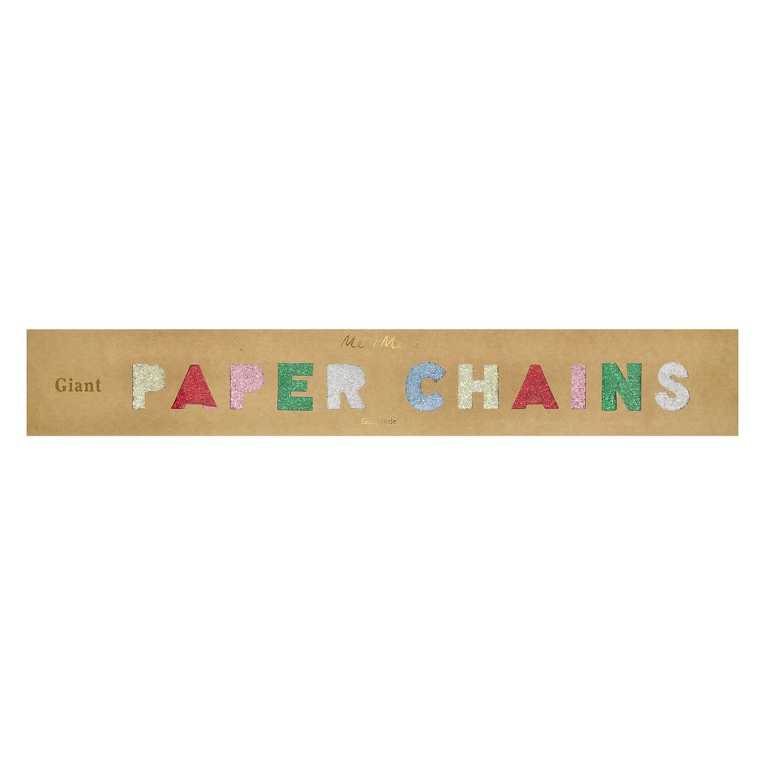 Cardboard strip with 'Giant Paper Chains' text on a white background