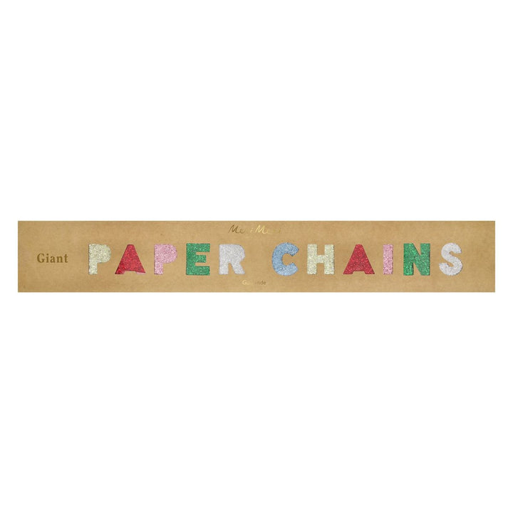 Cardboard strip with 'Giant Paper Chains' text on a white background