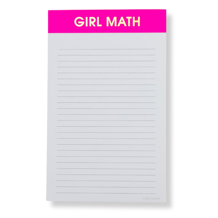 Notepad with 'Girl Math' text on a pink banner at the top