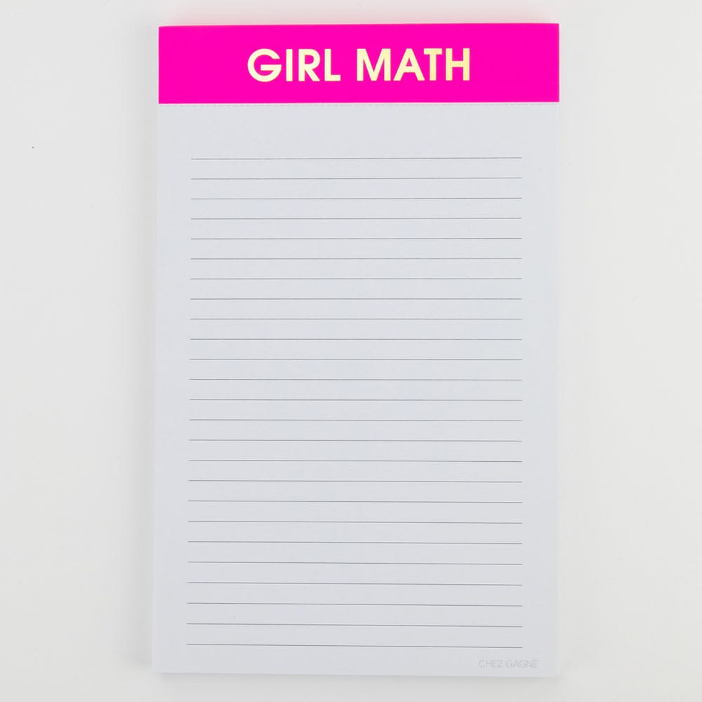 Notebook with lined pages and a pink banner at the top with 'GIRL MATH' text on a white background.