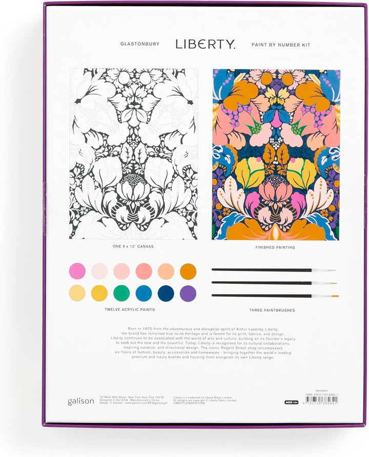 Galison Liberty Glastonbury paint by number kit box showing the cover design with a black-and-white line drawing, a colorful finished painting example, three color swatches, and three paintbrushes on a white background.