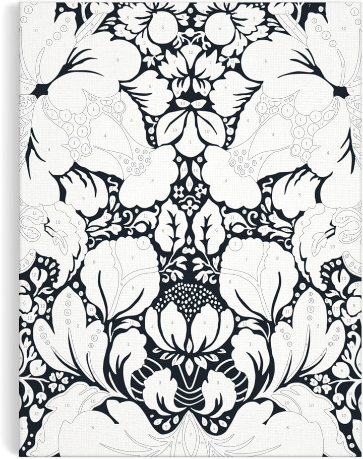 A square product featuring a symmetrical black and white floral damask pattern, likely a notebook, journal, or art print.