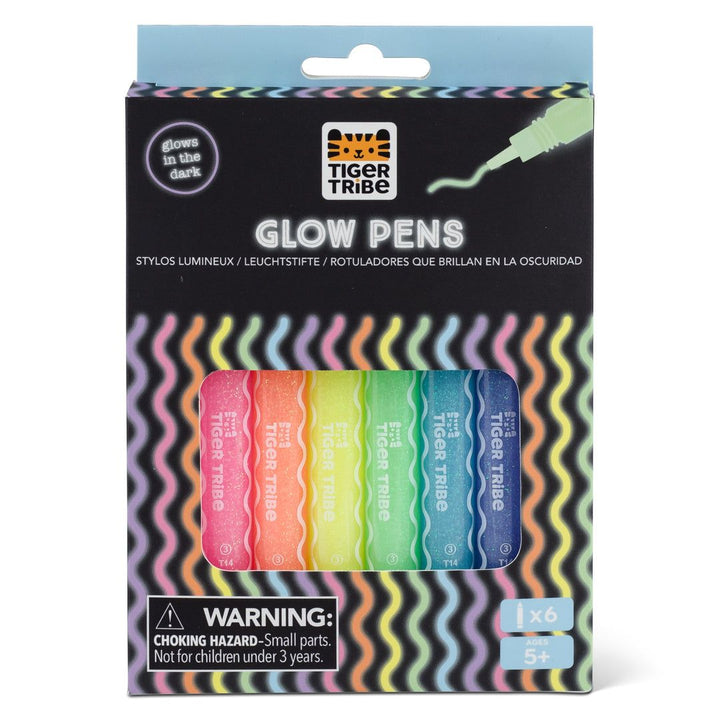 Packaging of Tiger Tribe glow pens with colorful wavy design