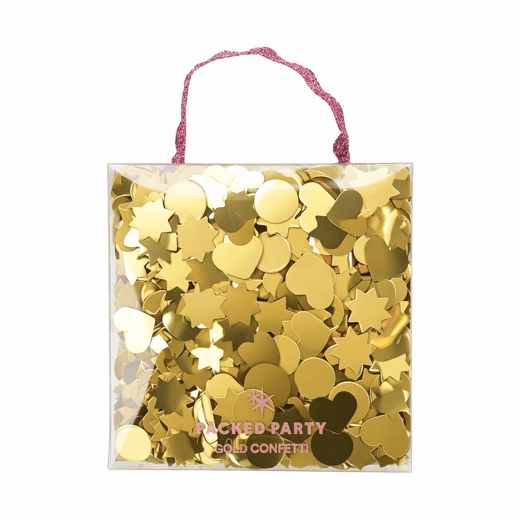 Clear bag filled with gold confetti and a pink handle on a white background