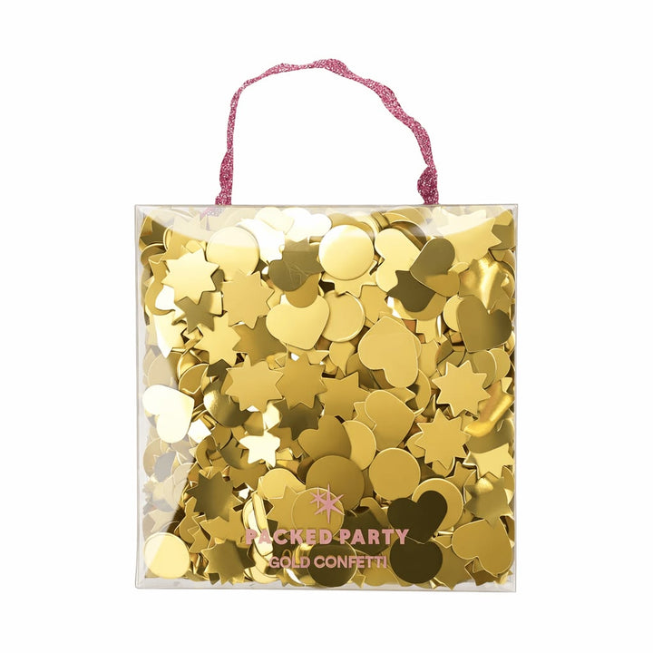 Clear bag filled with gold confetti and a pink handle on a white background