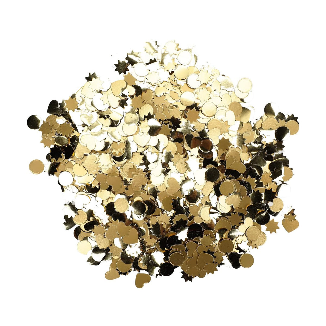 Gold and black confetti on a white background