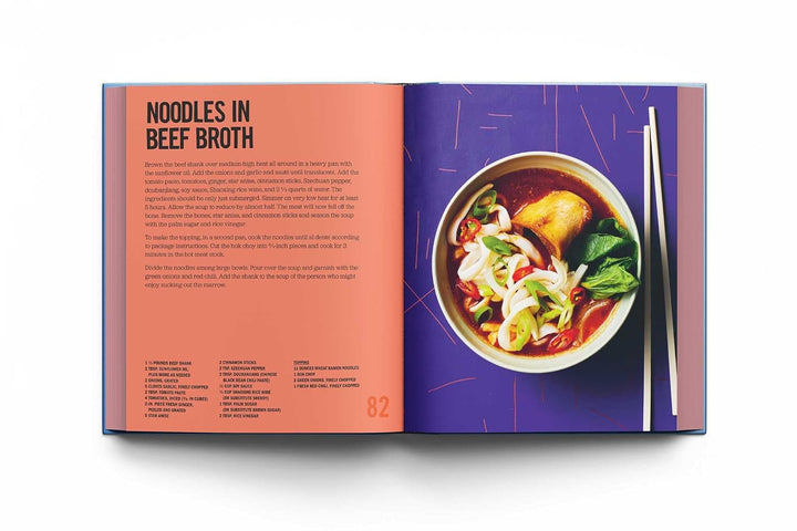 An open cookbook spread showing a recipe page titled 'Noodles in Beef Broth' on the left and a prepared noodle bowl photo on the right, photographed against a clean white background.