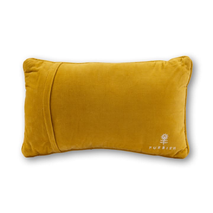 Yellow pillow with a brand logo on a white background