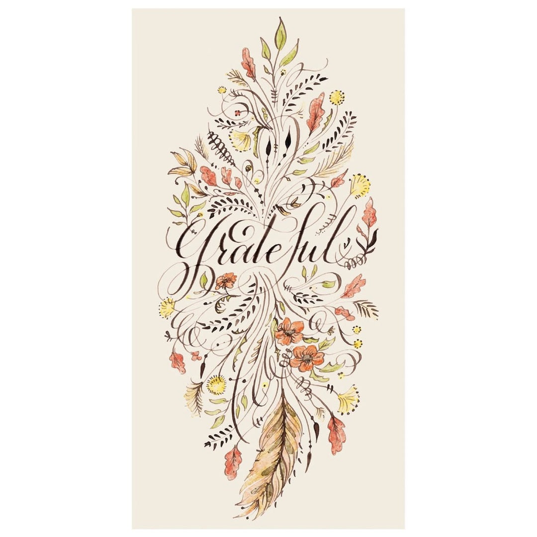 A vertical art print featuring a decorative feather illustration with the word 'grateful' in cursive, surrounded by autumn leaves, flowers, and feathers on a cream background.