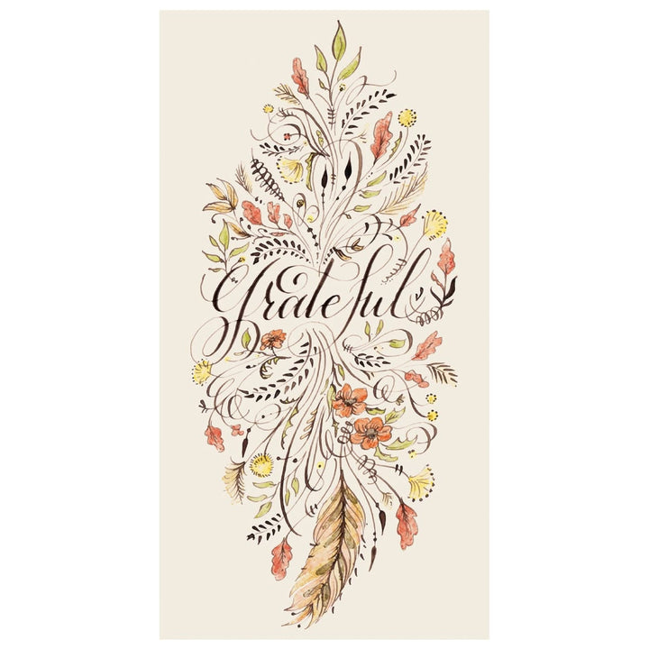 A vertical art print featuring a decorative feather illustration with the word 'grateful' in cursive, surrounded by autumn leaves, flowers, and feathers on a cream background.