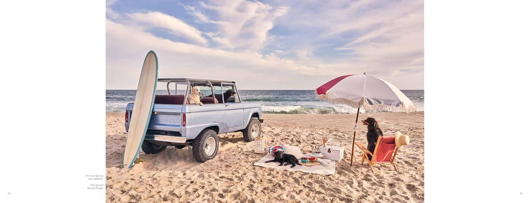 Beach scene with a truck, surfboard, and picnic setup under an umbrella.