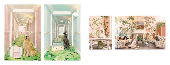 A collage of three interior scenes featuring pastel pink and mint green walls, tropical leaf patterns, and multiple dogs lounging on sofas, carpets, and in hallways. The right panel shows a living room with large botanical wall murals, a fireplace, and dogs sitting on the sofa.