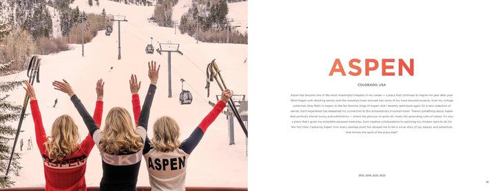 A split promotional layout: the left side shows four people from behind on a ski resort with ski lifts and snowy mountains in the background, wearing colorful winter jackets and raising their hands. The right side is a white panel with the word 'ASPEN' in coral text and placeholder body text below.