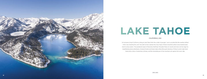 A two-page travel brochure spread featuring an aerial photograph of Lake Tahoe on the left and printed text reading 'LAKE TAHOE' with location details on the right.