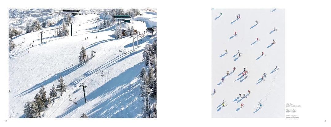 A split design featuring a scenic photograph of a snowy mountain slope with ski lifts and trees on the left, and a minimalist art print on the right showing many tiny skiers leaving long blue shadows on a white background.