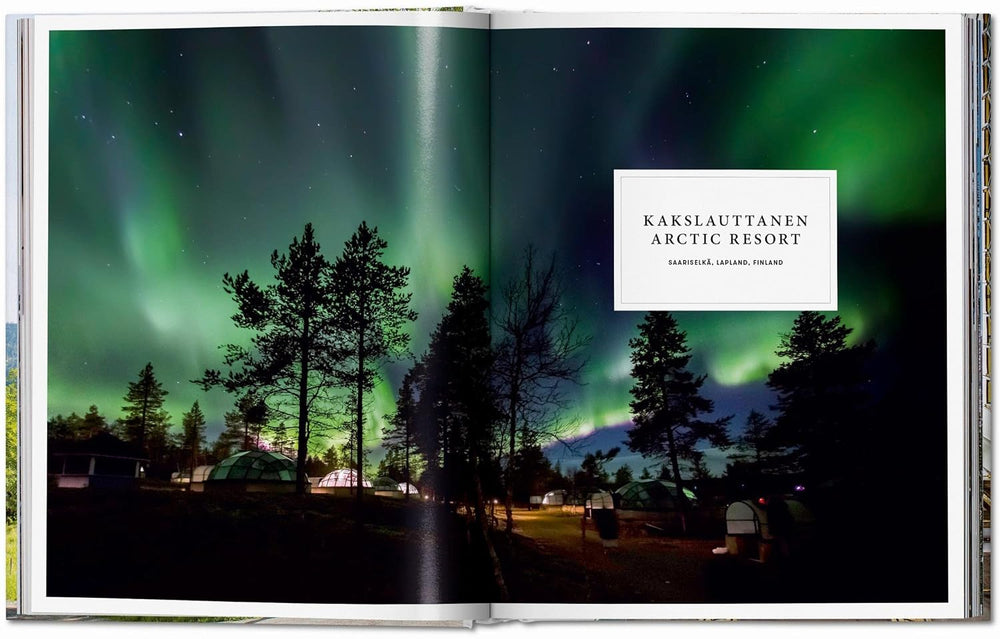 Open book showing a scenic view of the Northern Lights over trees with 'Kakslauttanen Arctic Resort' branding.