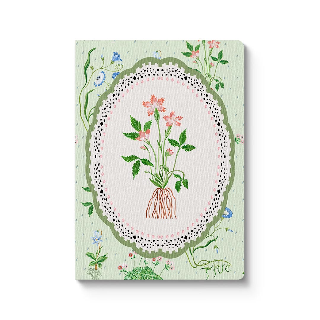 Notebook cover with floral design on a light green background