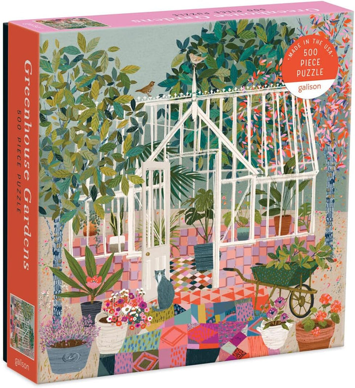Greenhouse Gardens 500-piece jigsaw puzzle box by Gallion, featuring a colorful illustrated garden scene with a white greenhouse, potted plants, flowers, and patterned textiles.