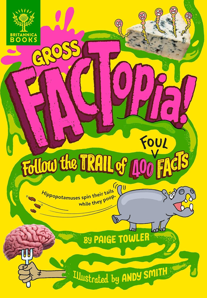 Book cover of 'Gross Factopia!' with colorful design and text on a yellow background.
