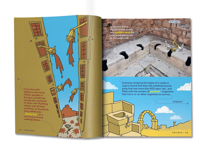 Open book showing illustrations and text about ancient toilets.