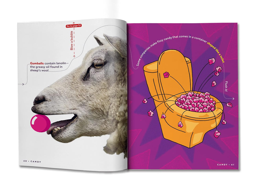 Open book showing a sheep and an illustration of candy in a toilet bowl on a purple background.
