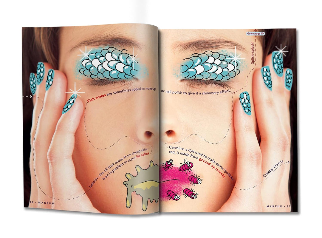 Open magazine or book showing a detailed illustration of eye makeup with text and diagrams.