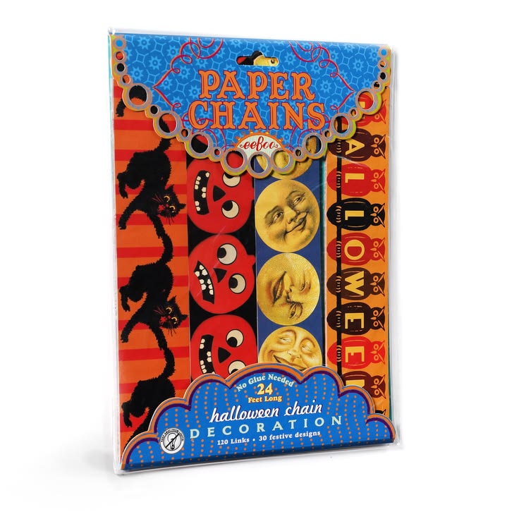 Halloween-themed paper chains packaging with colorful design on a white background