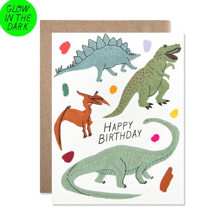 Birthday card with dinosaur illustrations and 'Happy Birthday' text, featuring a glow-in-the-dark feature.