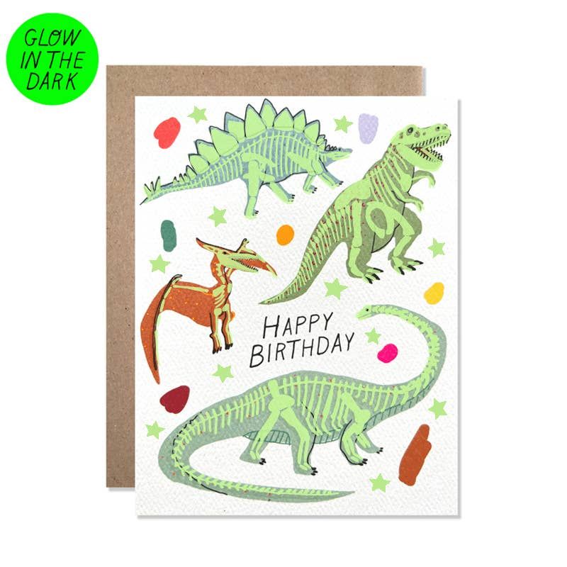 Birthday card with dinosaur illustrations and 'Happy Birthday' text, featuring a glow-in-the-dark effect.