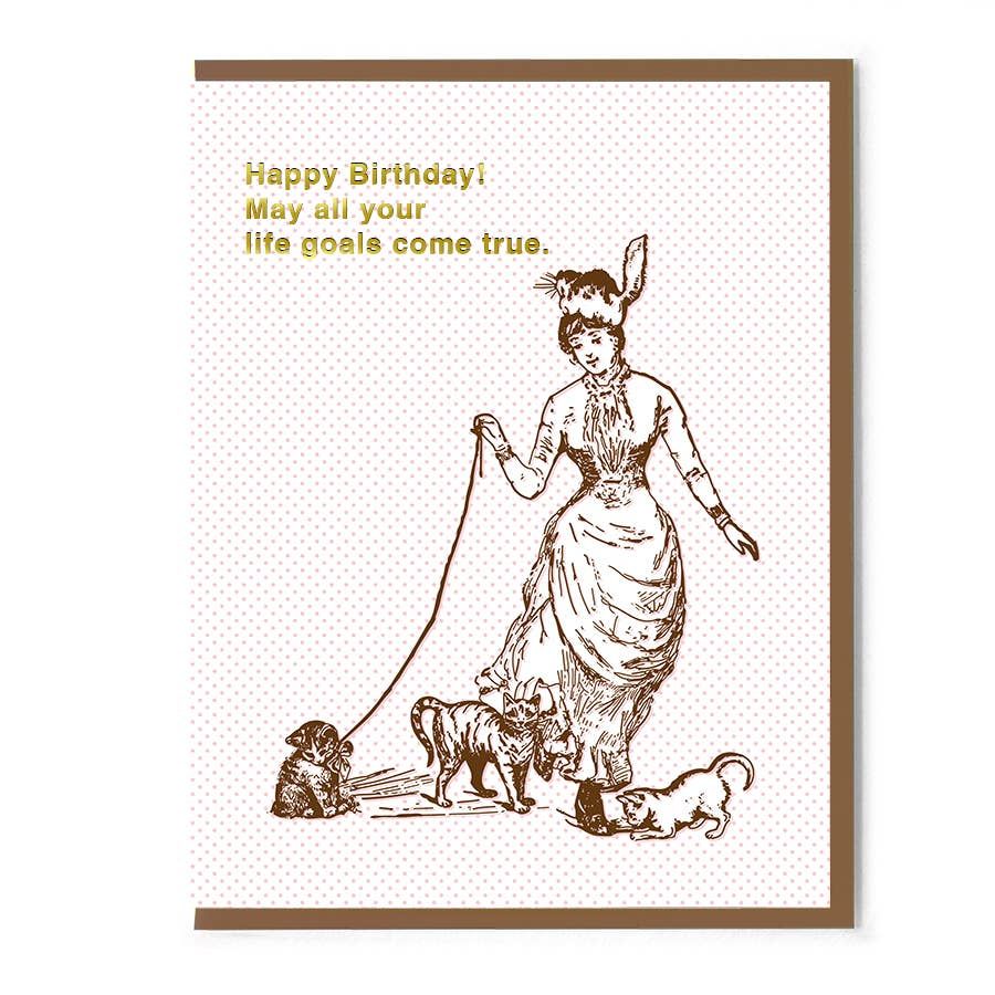 Vintage-style birthday card with a woman and dogs on a white background