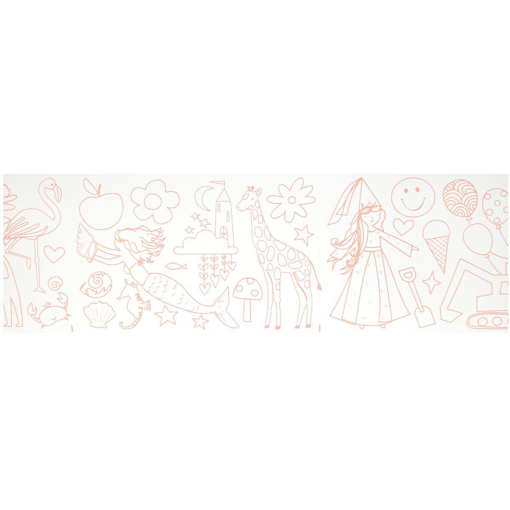 Decorative border with illustrations of a girl, giraffe, flowers, and other elements on a white background.