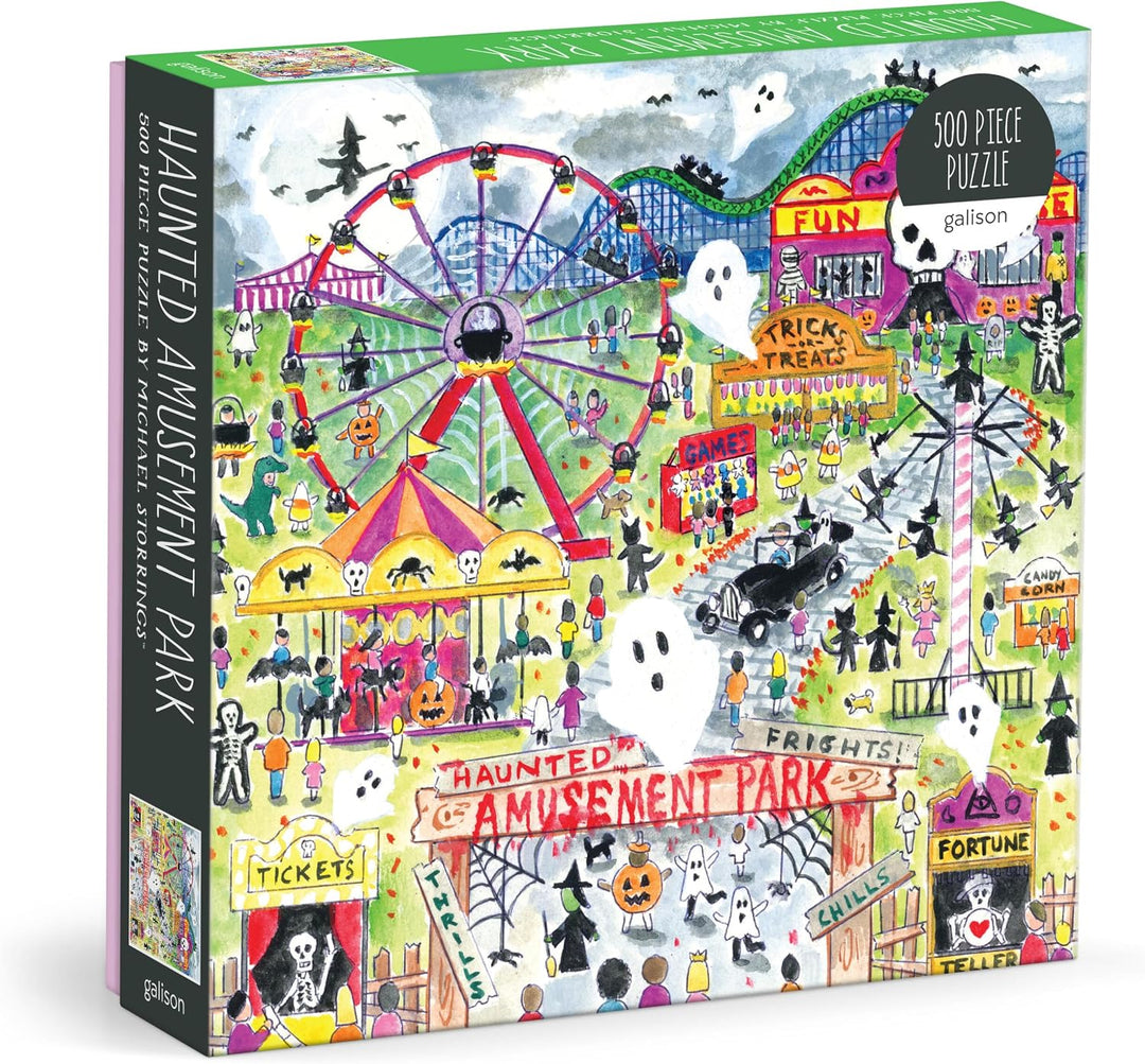 Puzzle box featuring a colorful illustration of a haunted amusement park with a Ferris wheel and various spooky elements.