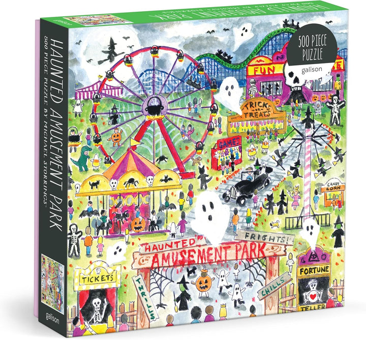 Puzzle box featuring a colorful illustration of a haunted amusement park with a Ferris wheel and various spooky elements.