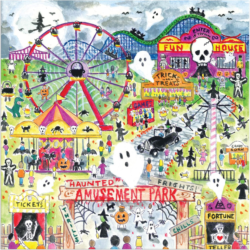 A colorful illustrated fairground scene with a Ferris wheel, carnival booths, ghosts, witches, pumpkins, and the text 'Haunted Amusement Park' and 'Fright Night.' This is not a photo of a physical product in a studio or lifestyle setting; the depicted scene itself appears to be the item, so subject_type is Scenery.