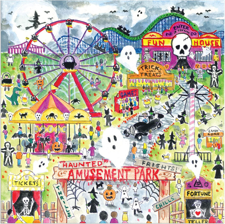 A colorful illustrated fairground scene with a Ferris wheel, carnival booths, ghosts, witches, pumpkins, and the text 'Haunted Amusement Park' and 'Fright Night.' This is not a photo of a physical product in a studio or lifestyle setting; the depicted scene itself appears to be the item, so subject_type is Scenery.