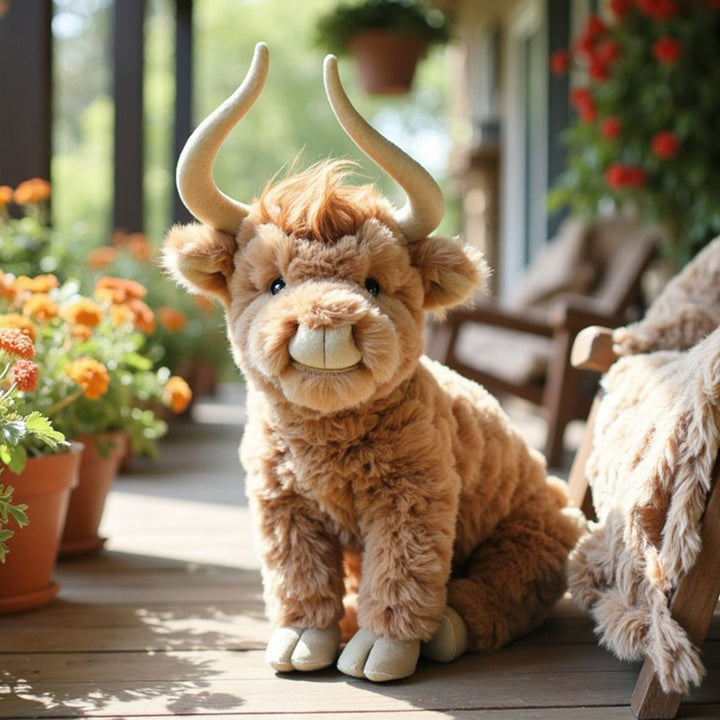 Plush toy Highland cow on a wooden deck with potted plants in the background