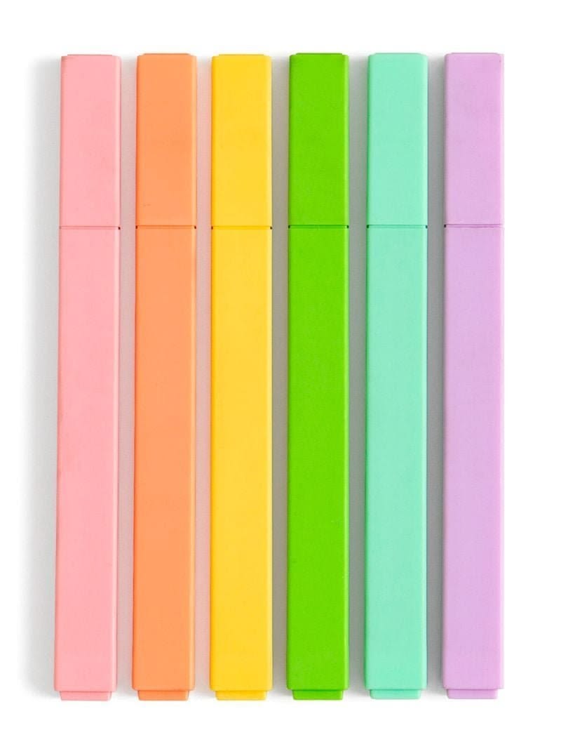 Six pastel highlighters in pink, orange, yellow, green, mint, and lavender, arranged vertically side-by-side on a white background.