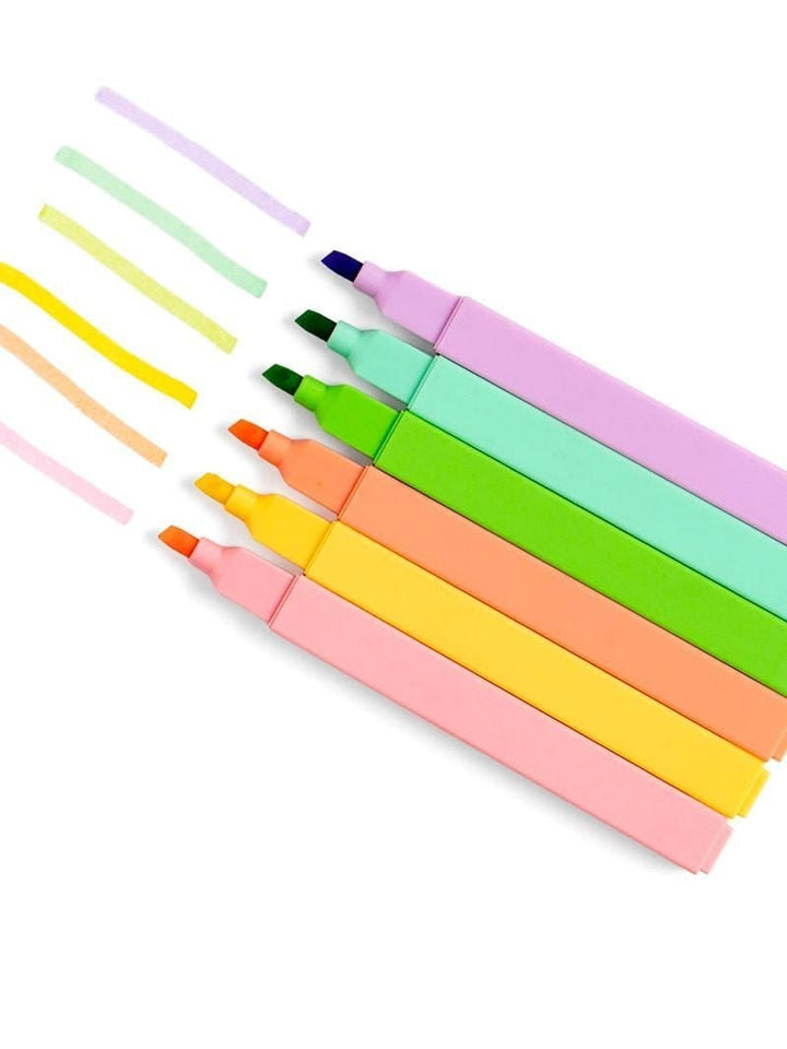 Six pastel highlighter pens arranged diagonally on a white background, each showing a different color and with matching colored swatches drawn beside them.