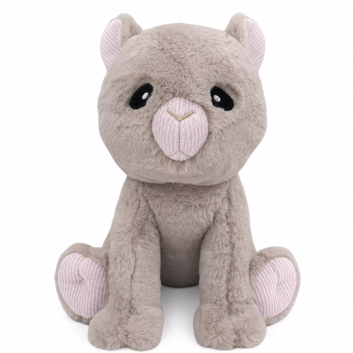 A plush stuffed animal shaped like a small bear or cat in light gray plush fabric with pale pink ear, nose, and paw-pad accents, photographed on a clean white background.