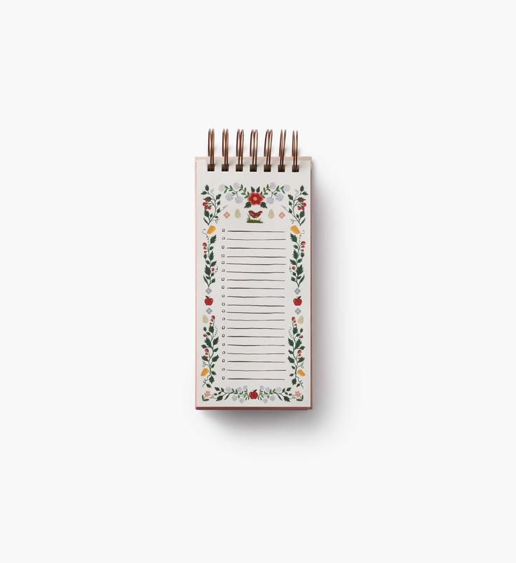 A small spiral-bound notepad with a white page, decorated with a colorful floral border and lined writing space, shown on a clean white background.