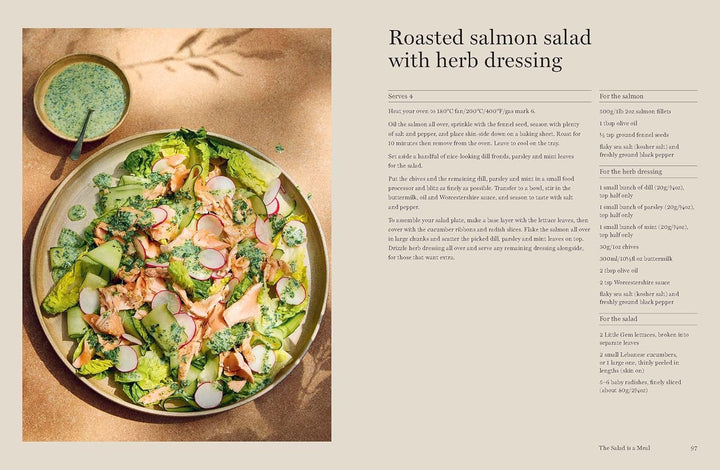 Roasted salmon salad with herb dressing on a plate, accompanied by a recipe on the right.