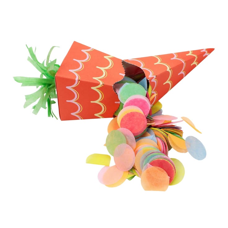 Colorful party hat with confetti and decorative elements on a white background