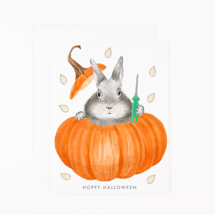 Illustration of a rabbit in a pumpkin with a carrot, leaf, and syringe on a white background.